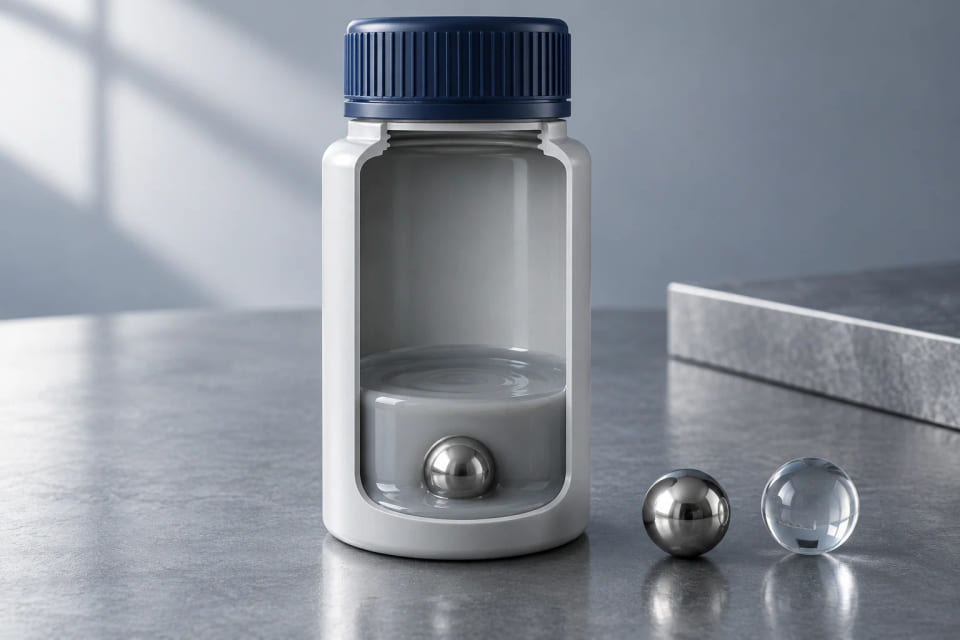 CGI cutaway of a packaging container with a loose mixing ball inside its contents