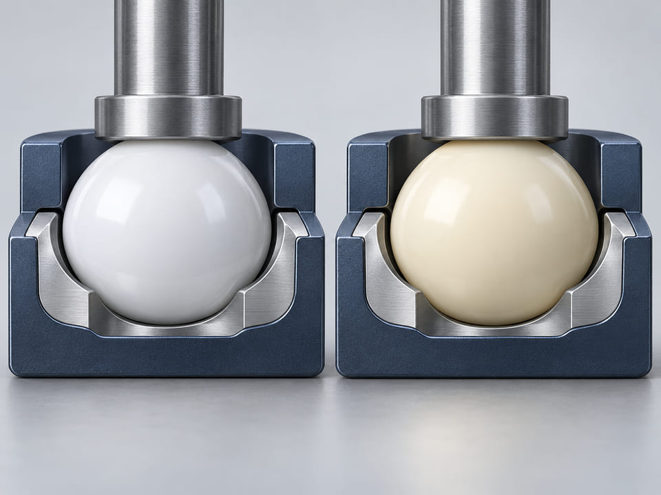 Conceptual CGI: White POM sphere in a light mechanical seating cup next to an ivory nylon sphere in a second matching cup; clear running clearance and polished contact geometry, no test claims