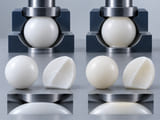 Conceptual CGI: White UHMWPE sphere beside white HDPE sphere with machined sample sections and two modest contact footprints; qualitative material and deformation comparison, no performance scores