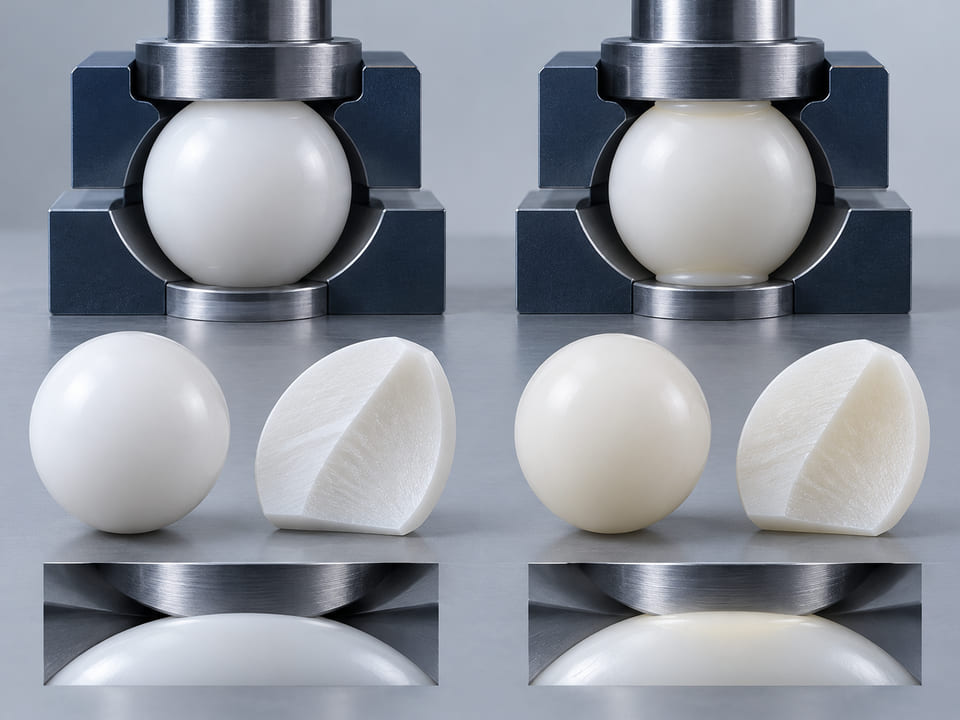 Conceptual CGI: White UHMWPE sphere beside white HDPE sphere with machined sample sections and two modest contact footprints; qualitative material and deformation comparison, no performance scores