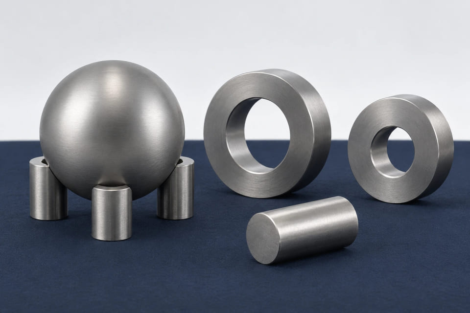 CGI concept of a sphere in a cradle beside different-bore rings and a cylindrical component