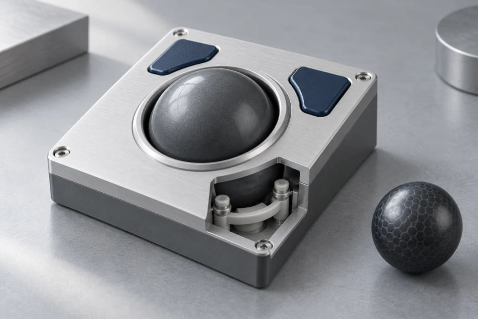 CGI control-panel trackball concept with a separate patterned sphere sample