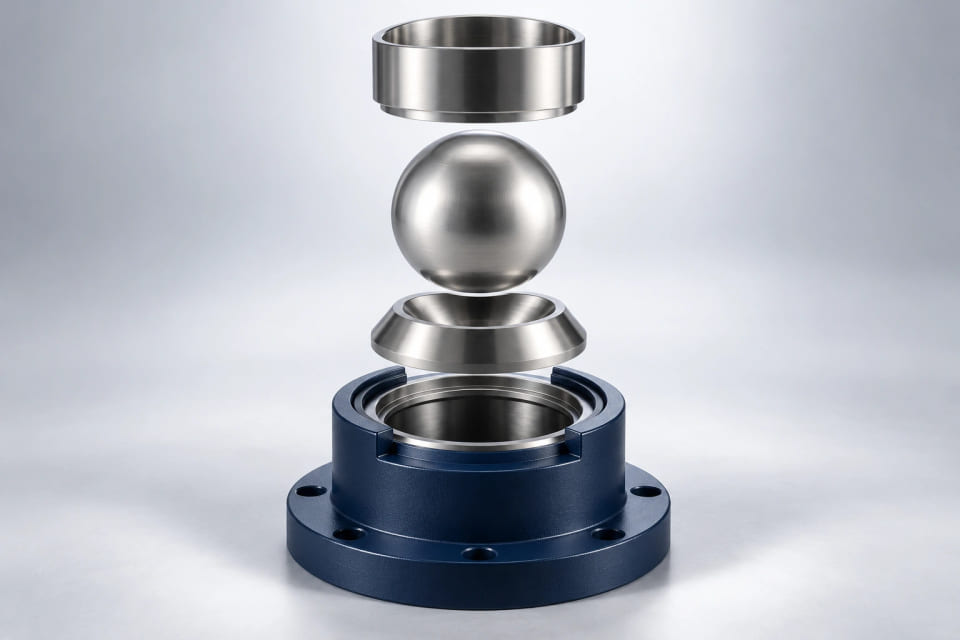 A solid sphere, annular seat and retaining sleeve shown as a coherent assembly concept.