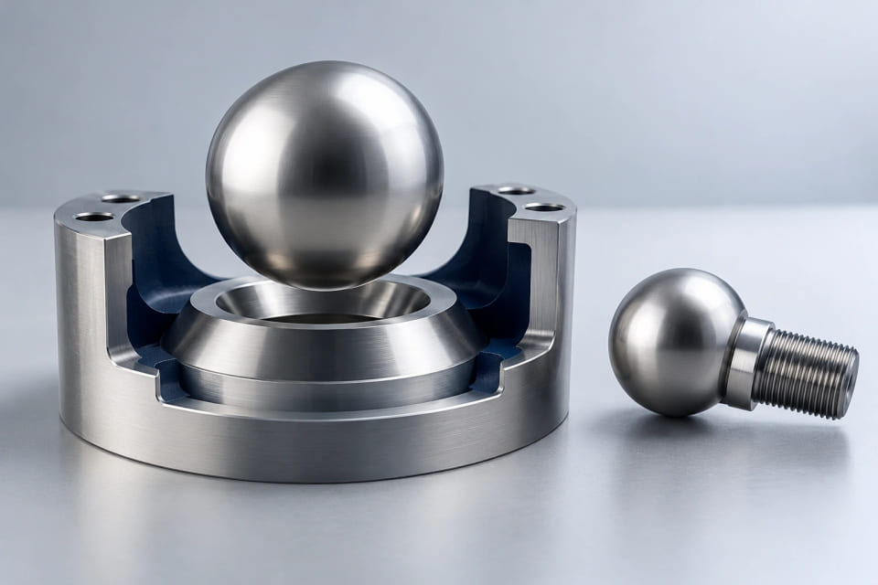 A ball-and-seat contact beside a threaded mounting sphere in a review cradle.