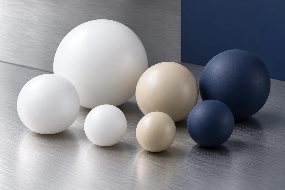 CGI polymer and elastomer-like material spheres in white, ivory and navy