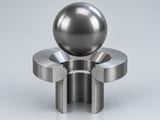 Conceptual CGI: Complete Specified cemented tungsten carbide grade and binder system sphere above a conical annular seat and an aligned open vertical bore; axial component contact concept