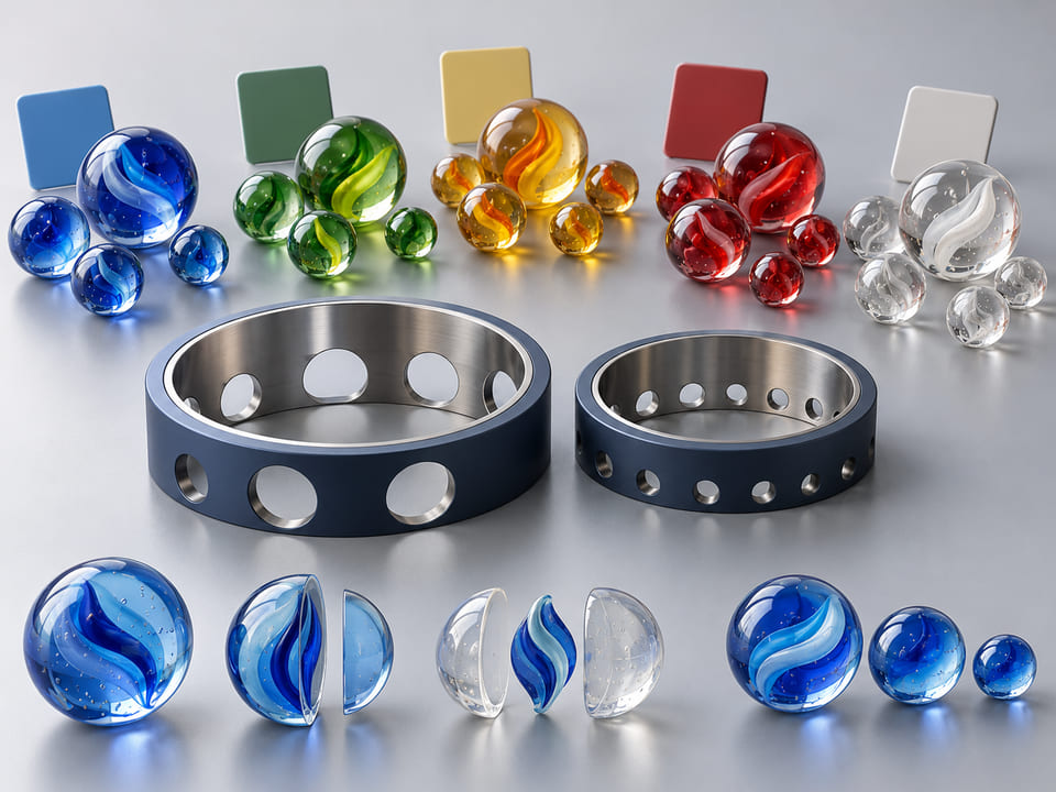 Conceptual CGI: Small separated groups of decorative glass marbles with matching colour sample chips and two size sorting rings; visual colour-and-size consistency concept without text