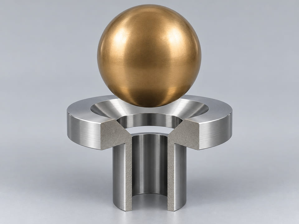 Conceptual CGI: Complete Specified copper-aluminium bronze alloy; exact grade and condition required sphere above a conical annular seat and an aligned open vertical bore; axial component contact concept