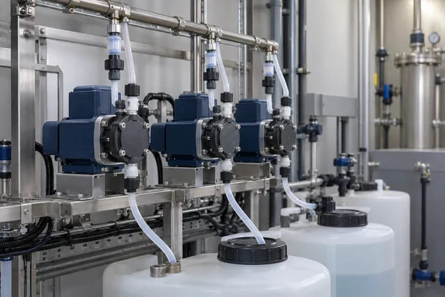 CGI application scene of metering pumps and feed containers on a dosing skid