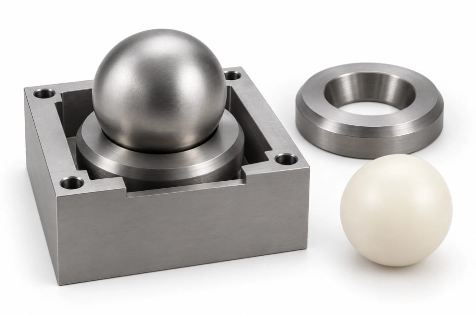 CGI concept of a ball-and-seat interface in a simple fixture beside an alternative sphere and separate seat