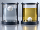 Conceptual CGI: Two clear fluid vessels containing equal white HDPE sphere concepts: one floating at meniscus and the other resting at base in a visibly different fluid; qualitative density comparison, no numbers