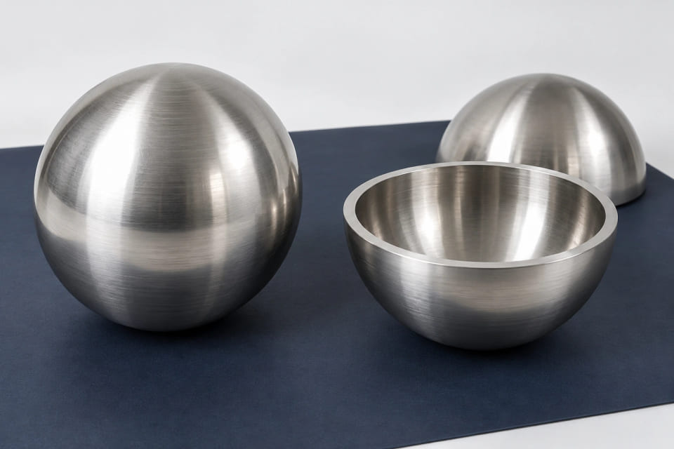 CGI concept comparing a solid metal sphere with the two open halves of a hollow-shell construction