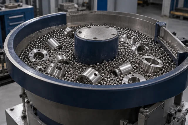 CGI application scene of steel spherical media and workpieces in a finishing bowl