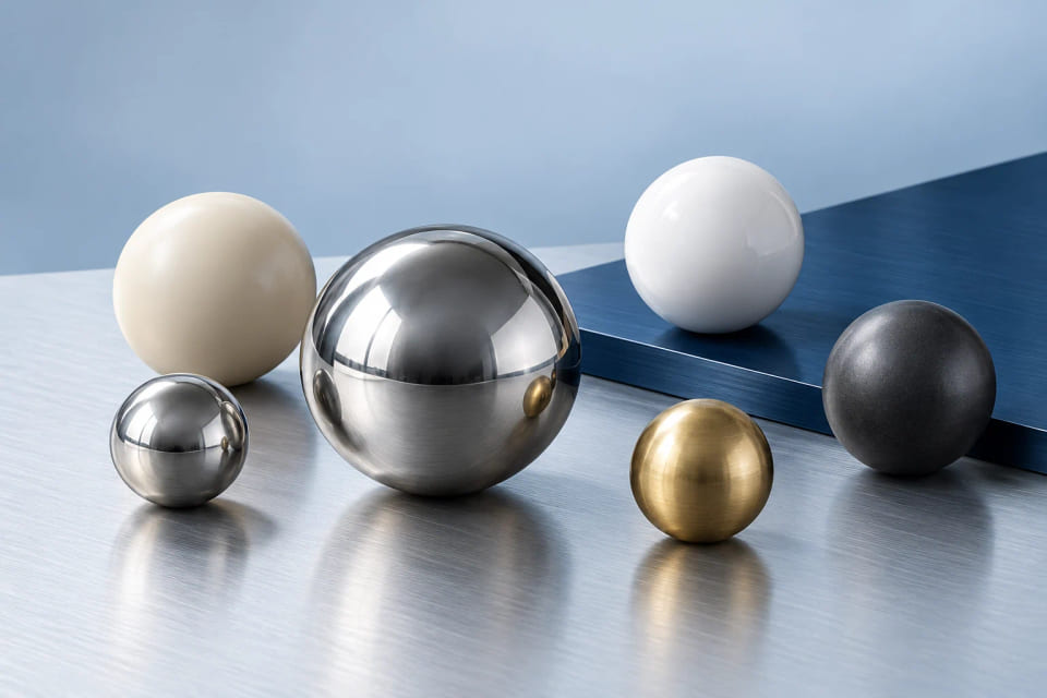CGI product-material comparison of metallic, ceramic-like and polymer spheres