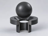 Conceptual CGI: Complete Silicon carbide, SiC; grade, processing route and secondary phases identified sphere above a conical annular seat and an aligned open vertical bore; axial component contact concept