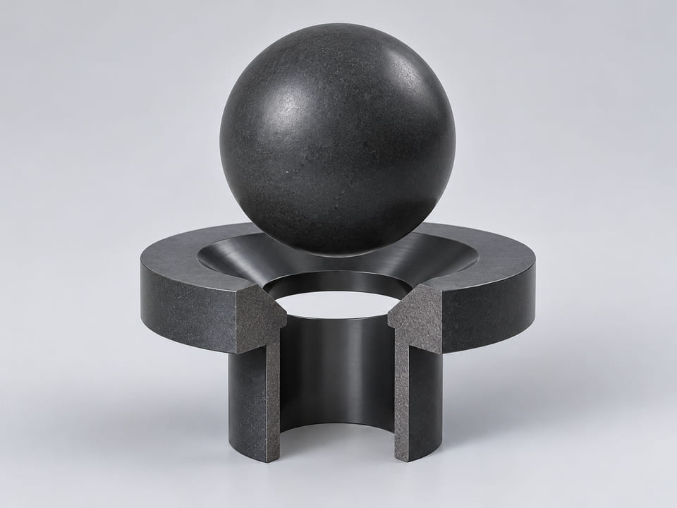 Conceptual CGI: Complete Silicon carbide, SiC; grade, processing route and secondary phases identified sphere above a conical annular seat and an aligned open vertical bore; axial component contact concept