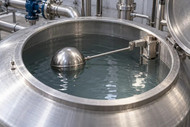 CGI application scene of a spherical float and lever in a level-control tank