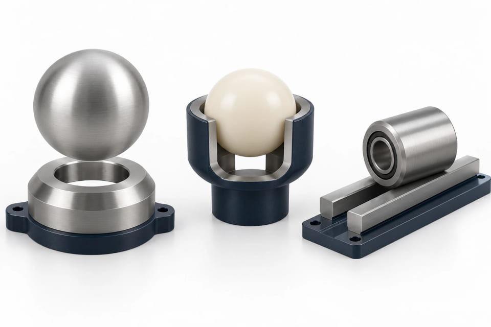 CGI concepts of a ball-and-seat interface, a transfer cup and a roller guide on one tabletop