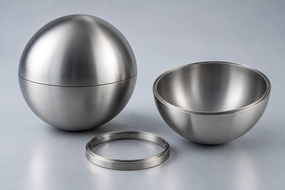 A hollow stainless sphere, hemispherical shell and support ring.