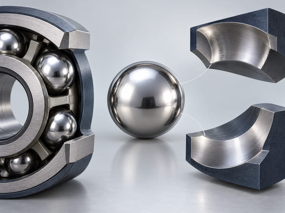 Conceptual CGI: one polished silver sphere with enlarged curved contact surfaces separated around it showing ball-raceway fit; no stress field or measurements