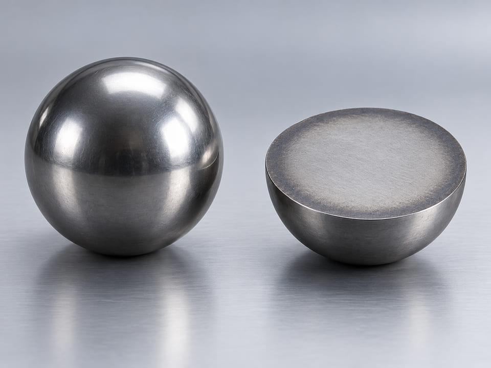 Conceptual CGI: Complete steel sphere and continuous solid hemispherical section with a thin conceptual hardened outer zone; no separate shell