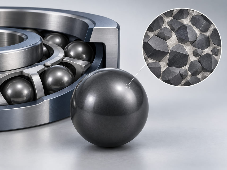 Conceptual CGI: dark-grey carbide sphere with a separate magnified abstract hard-grain and binder mosaic, clean diagrammatic CGI, clearly conceptual not microscopy