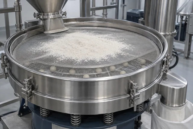 CGI application scene of a vibratory screen with elastomer cleaning balls below its mesh